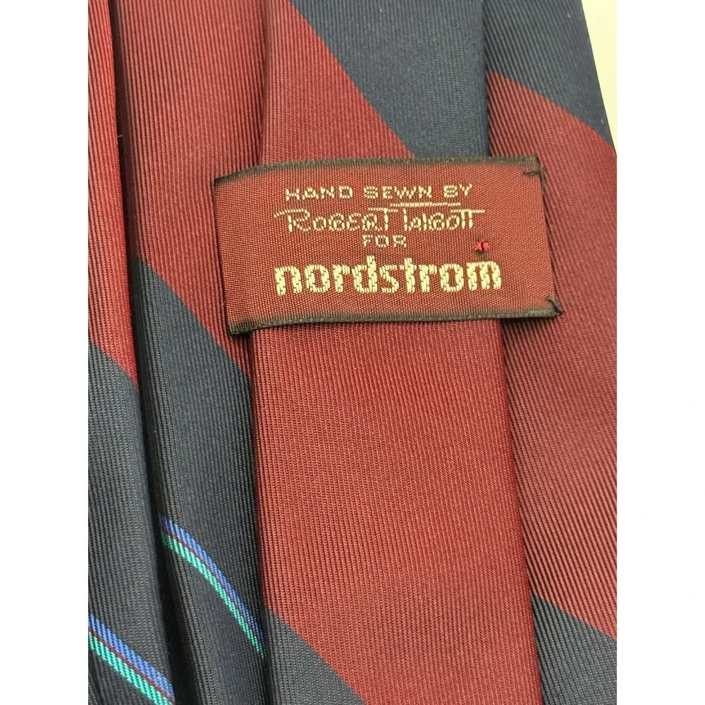 Robert Talbott Necktie OS Burgundy Navy Stripe Preppy Ivy League Dark Academia